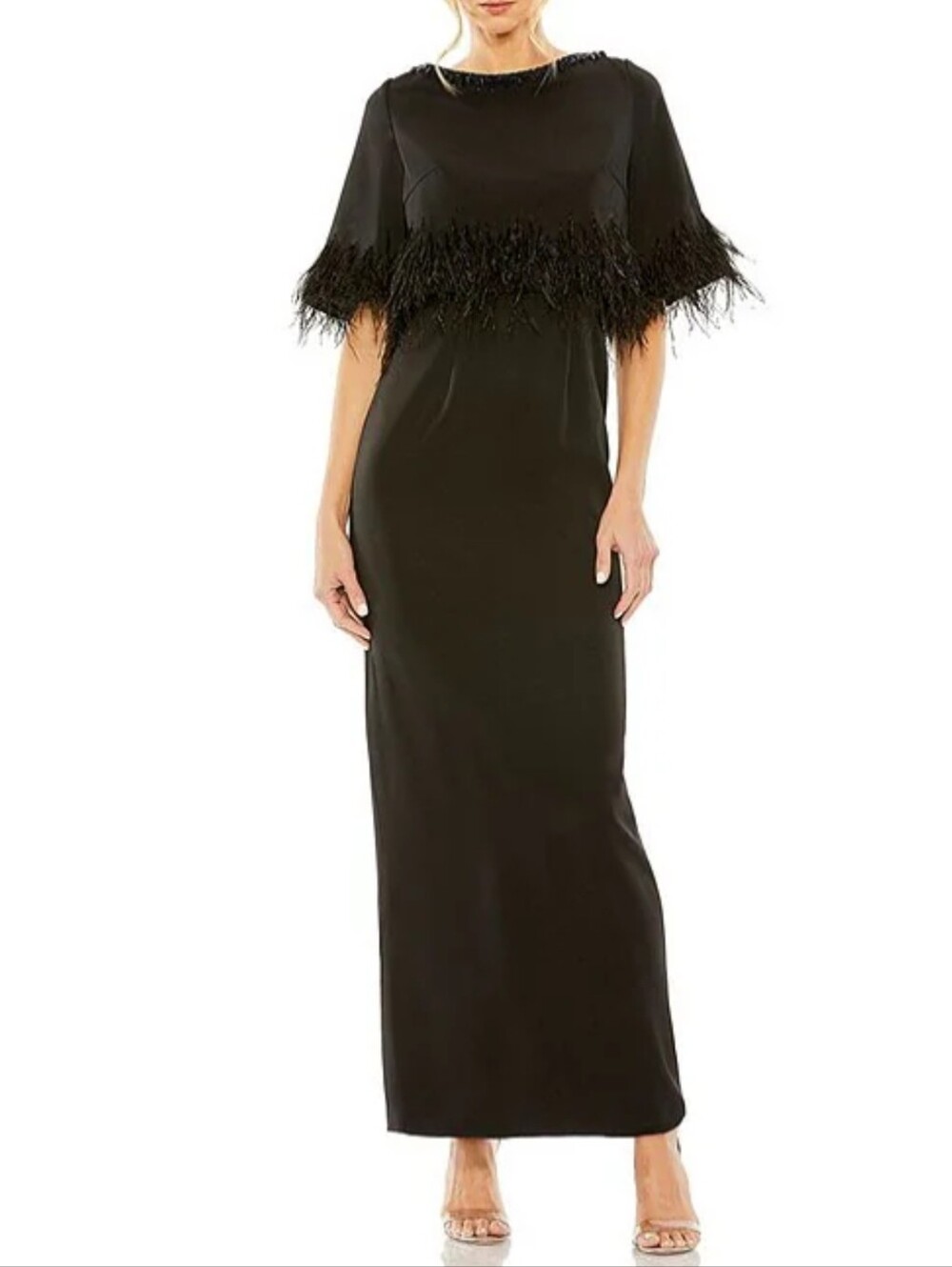 Mac Duggal~Quarter Sleeve Crystal Neck Feather Detail Satin Dress~ Size 12-14
